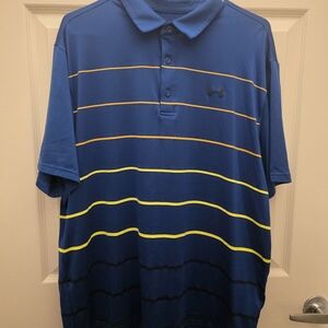 Under Armour Men's Blue Polo Shirt with Yellow Stripes